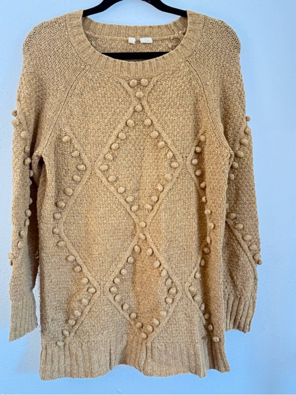 Moth Camel Pom-Pom Diamond Knit Crewneck Sweater